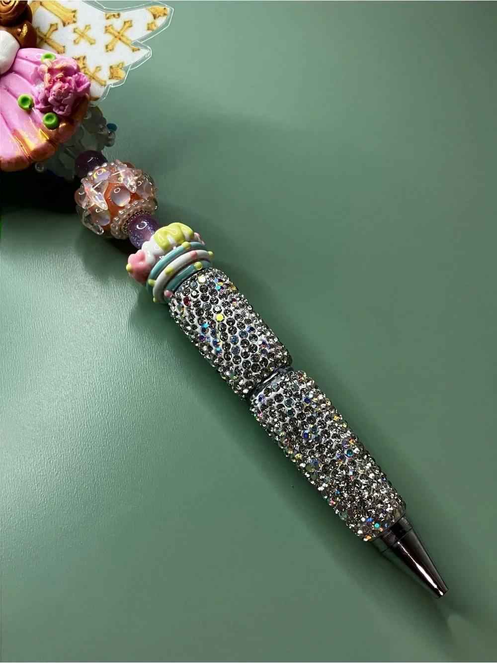 Handmade Clay Angel with Laminated Wings Rhinestone Beaded Pen